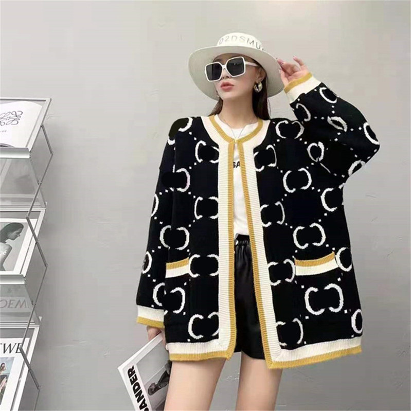 

Autumn Winter Sweater Women Knitted Loose Coat Double Letter Printed Cardigan Sweaters Ladies Outer Wear Thick Streetwear, Black