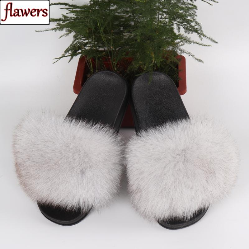 

Slippers 2021 Women 100% Genuine Fur Ladies Cute Plush Natural Slides Winter Warm Fluffy Real Flat Sandals, Black