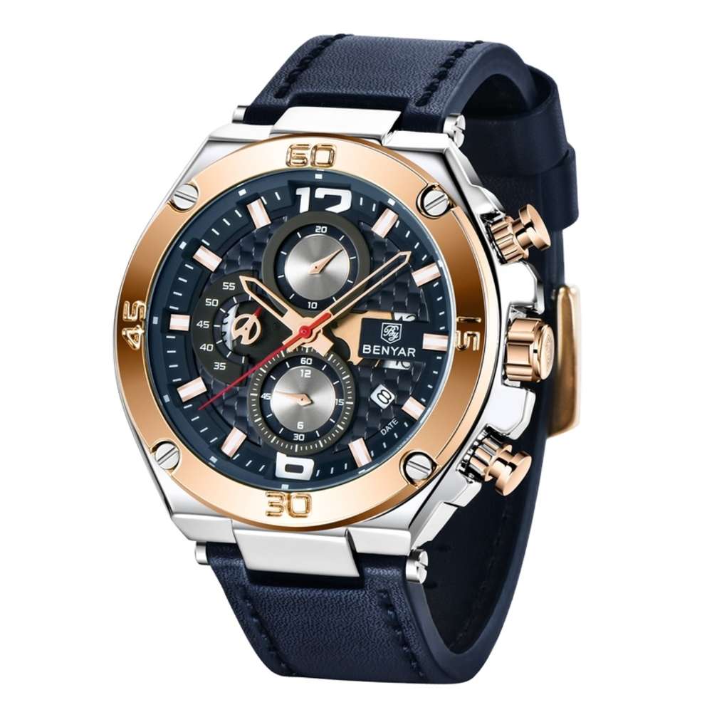 

BENYAR 5151 Brand Men Quartz Watch Luxury Military Sport Chronograph Busins Waterproof Leather Watch Relogio Masculino, Slivery;brown