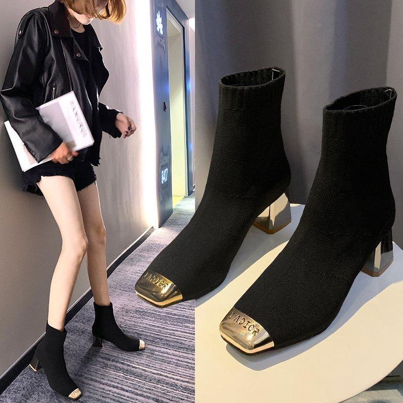 

Boots Comemore 2021 Metal Suede Ladies Ankle Med Heels Autumn And Winter Women's Sock Boot Dress Korean Shoes Woman Footwear, Black