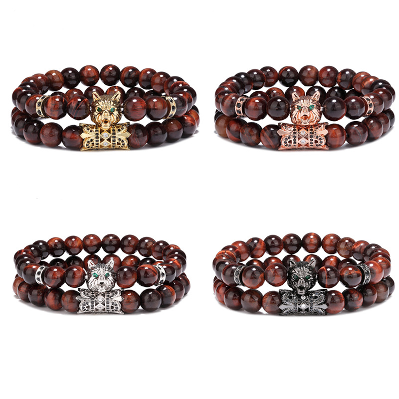 

Elegant CZ Wolf Head Animal Charm Bracelet Natural Power Stone Red Tiger Eye Beads Bracelets Man Jewelry