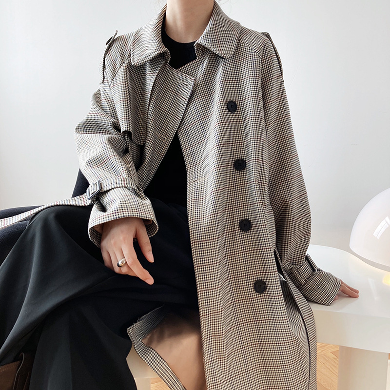 

women's trench coats women autumn long coat with turn collar belt female chess trench femme streetwear b1s7, Tan;black