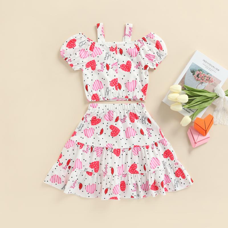 

Clothing Sets 1-6Y Children Girls Summer Clothes Set Baby Heart Print Off Shoulder Short Sleeve Tops + Ruffle Skirt Kids Valentine Outfit 20, White