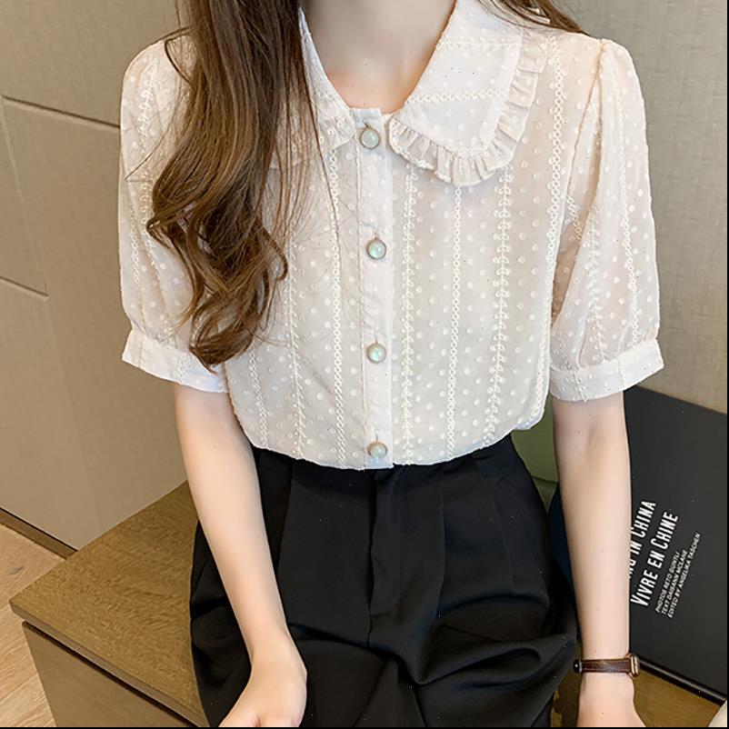 

thin chiffon summer button womens shirt preppy style peter pan collar short sleeve blouse woman clothes chemisier femme, White