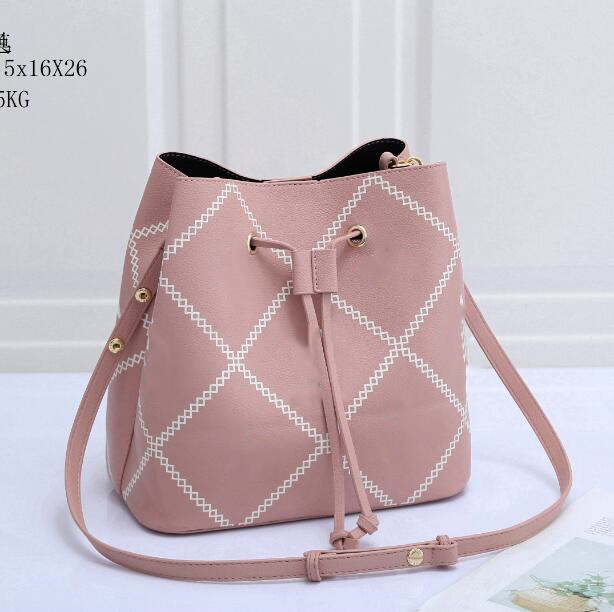 

Designer Ladies Bucket Bag Handbag PU Material Checkered Pink Print Tote Bag Shoulder Strap Tie Large Capacity Wallet 25*16*26CM, White