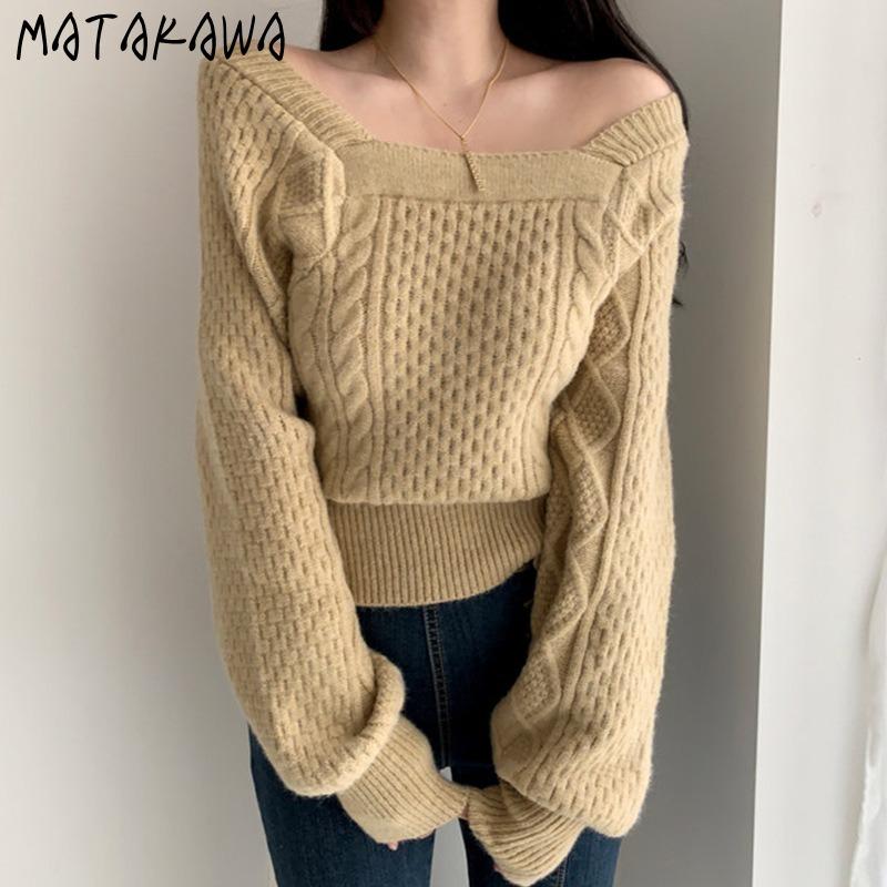 

Women's Sweaters MATAKAWA Lantern Sleeve Square Neck Twist Pullover Sweater Autumn/Winter Loose Fashion Waist Wearing Knitted Base, Khaki