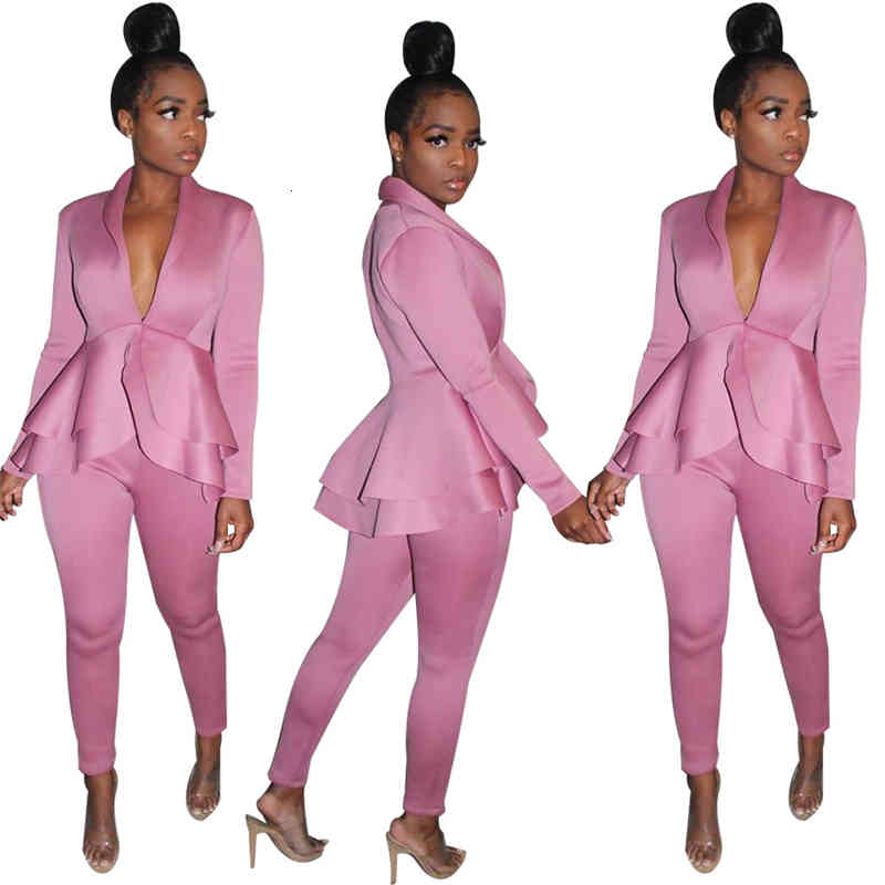 

Women's Tracksuits Sexy Tracksuit Women Two Piece Set Spring Autumn Clothes Ruffles Hem Top and Pants Suits Office Lady Leisure Wo, As picture show