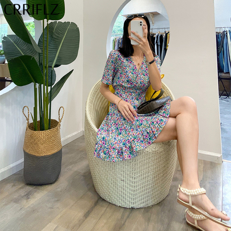 

Summer Casual Chiffon Print Dress Women V-neck Short Sleeve Above Knee, Mini CRRIFLZ 210520, Purple