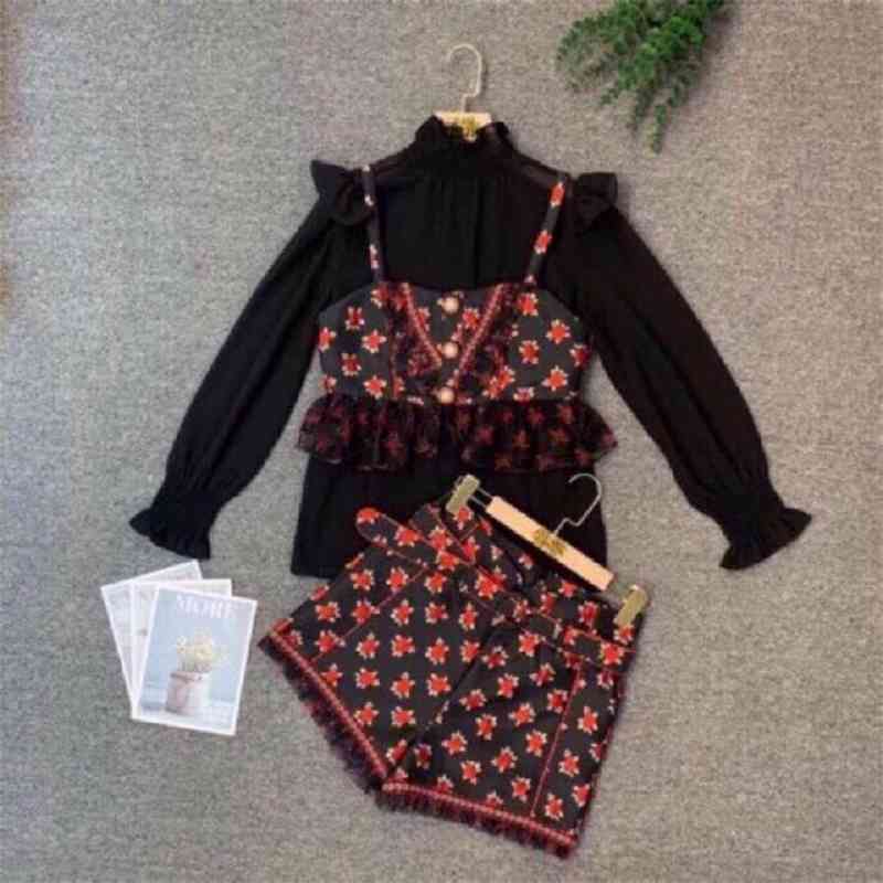 

Truevoker Lady Skirt Set High End Cute Fruit Print Blouse + Elegant Mujer Party 3 IN ONE Sets Female et 210602, Black