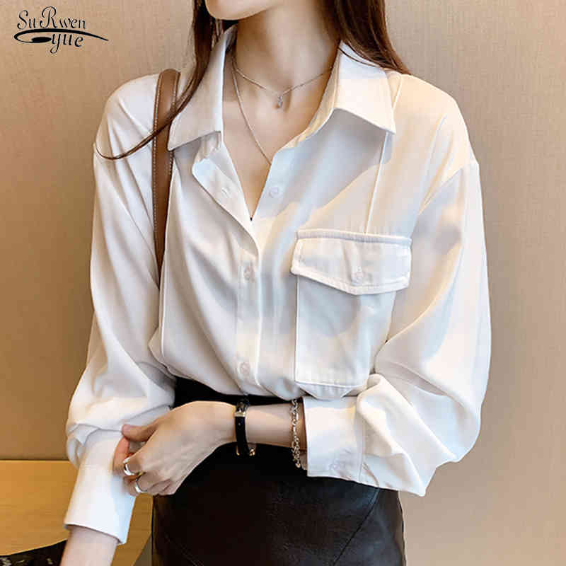 

Spring Summer Chiffon Shirt Blouses Women Loose Long Sleeve Solid White Shirts Tops Female Office Casual Dames Blouse 12891 210518, Khaki
