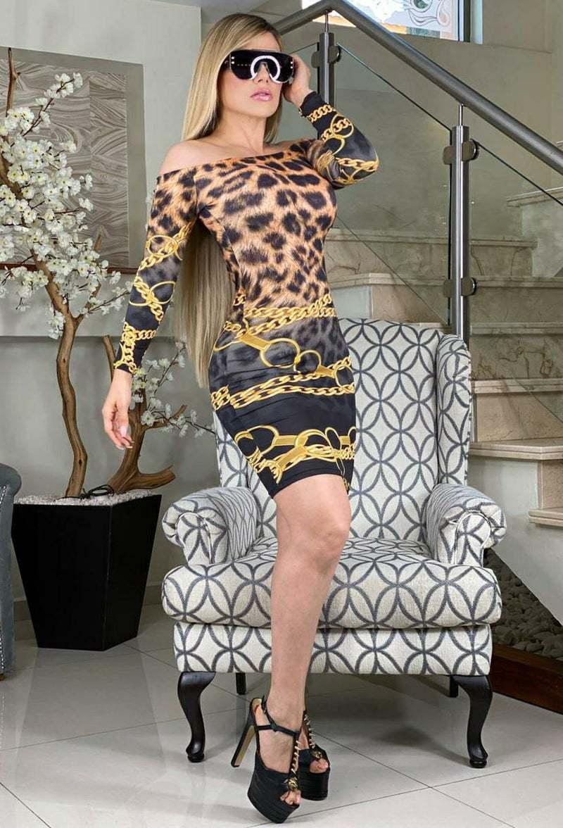 

Casual Dresses DPSDE 2021 Spring Sexy Club Party Style Short Long Sleeve Card Shoulder Leopard Grain Mini, Black