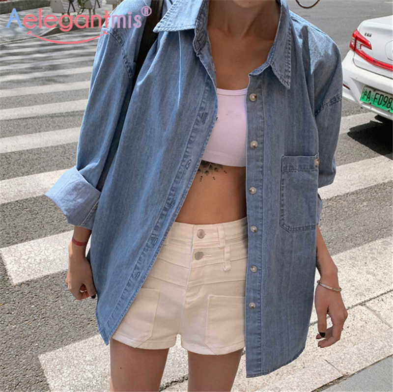 

Aelegantmis Leisure Vintage Light Long Blue Denim Shirt Women Blouse Casual Office Lady Retro BF Female 210607, Denim blue
