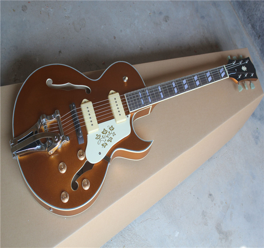 

style F-Hole half hollow body P90 pick-up goldtop jazz electric Guitar with Tremolo in stock