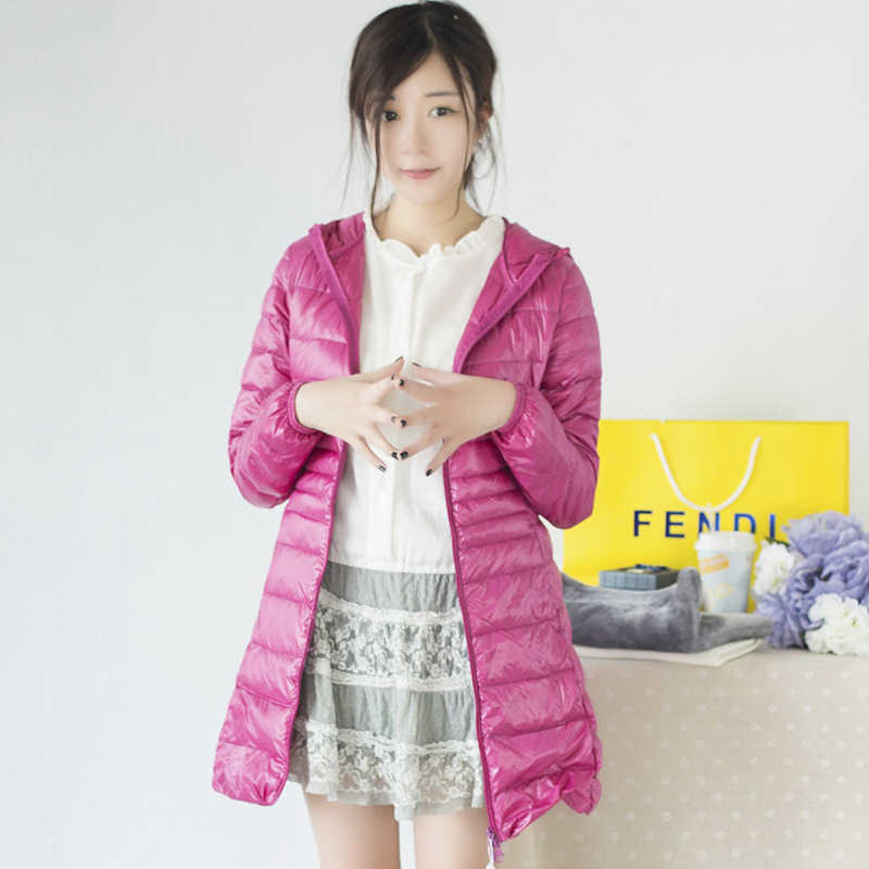 

Brand Womens Down Jackets Ultra Light 90% white duck Women Portable Female hooded Long Feather Slim Parkas 210608, Red