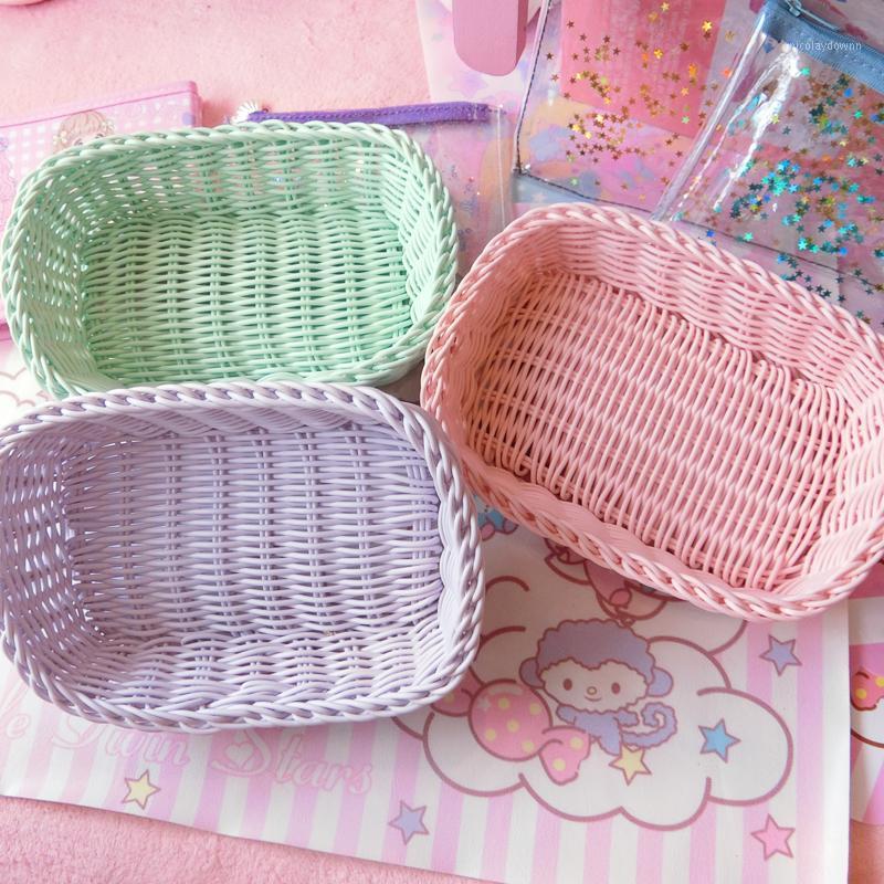 

Storage Baskets Candy Color Rattan Tabletop Sundries Frame Throw Resistant Woven Basket Home Cosmetics Nuts Fruit