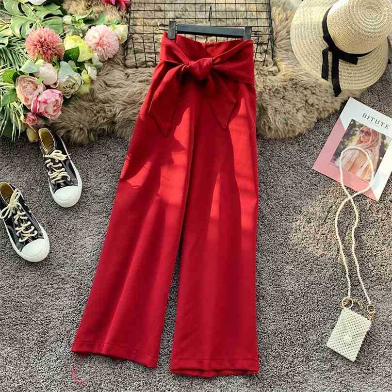 

Bow Tie Casual Wide Leg Pants Women High Waisted Loose Korean Straight Ladies Eleagnt Waist Clothes 210525, Sky blue