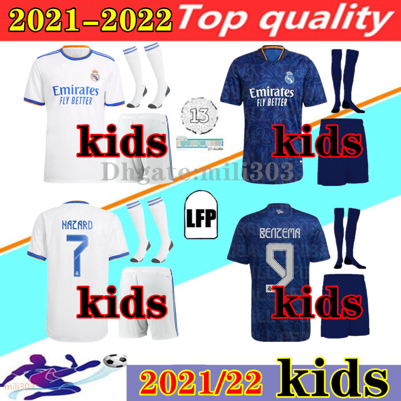 

21 22 Real Madrid Soccer Jerseys kids kit sets 2021 2022 BENZEMA HAZARD ASENSIO VINICUS JR MODRIC ALABA boys football shirt kits uniforms, 21/22 home