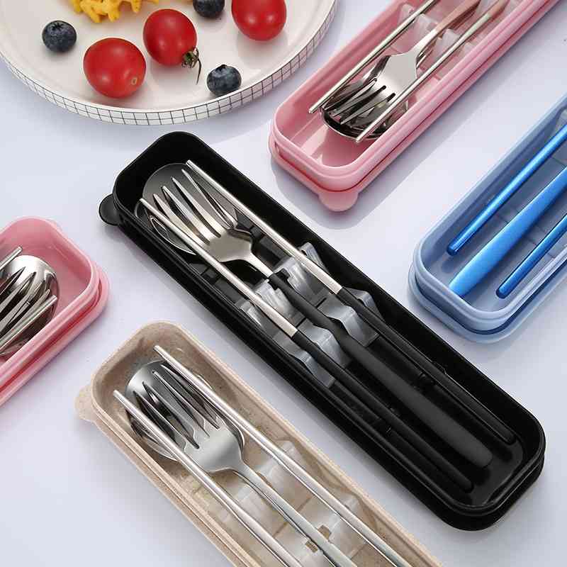 

304 stainless steel modern simple Korean soup spoon fork chopsticks portable gift tableware three piece set