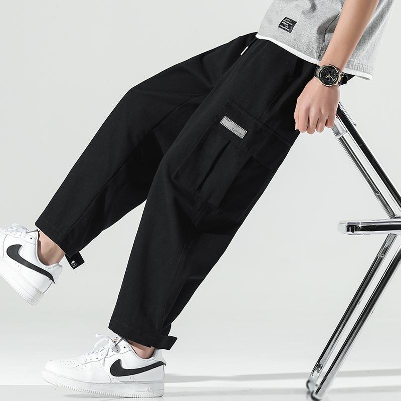 

men's pants autumn cargo loose wide leg casual trousers for men black khaki drawstring school male clothes streetwear z176