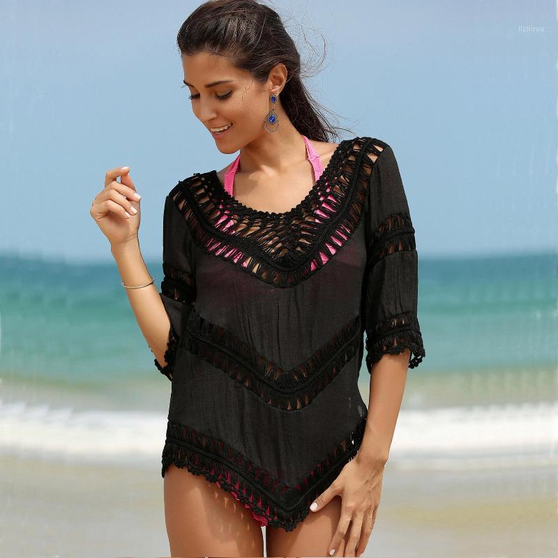

Women Bikini Beach Swimsuit Cover Ups Summer Resort Wear Crochet Hollow Sunscreen Blouse Swimwear Bathing Suit Beachwear Women's, White