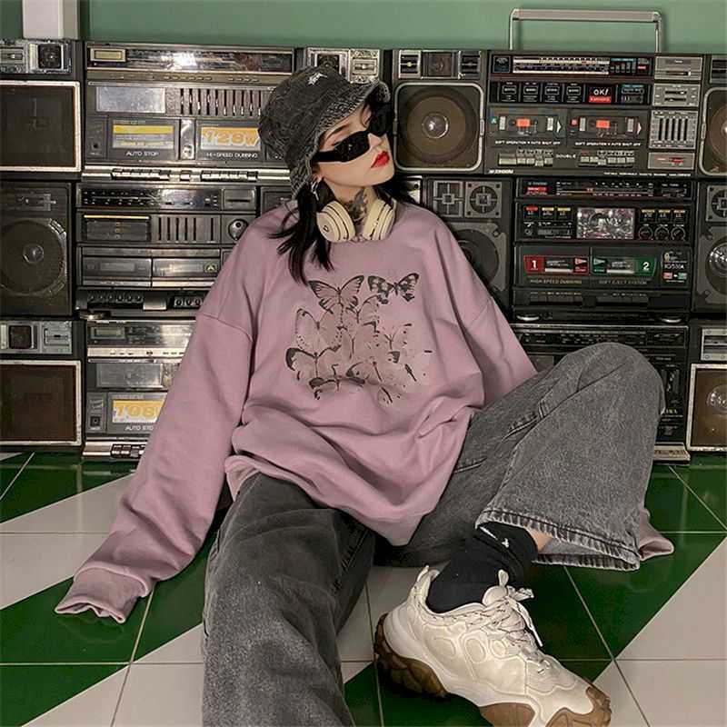 

Butterfly Sweatshirt Women BF Loose Women's Long Sleeve Top Autumn Irregular Hem Fashion Clothes Cotton 210526, Lavender