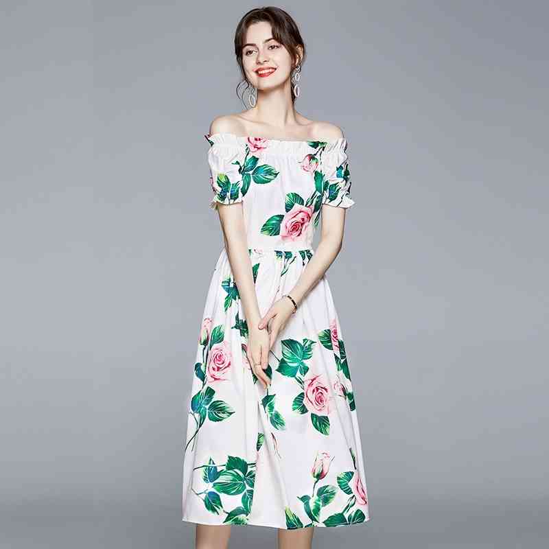 

Banulin Fashion Runway Casual Summer Dress Women' slash neck elastic Waist Vintage Rose Flowers Print Elegant Midi 210603, Design and color
