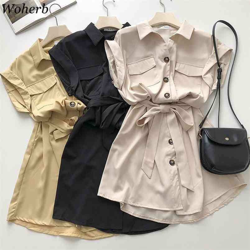 

Casual Women Summer Dress Korean Fashion Robe Turn Down Collar Sleeveless Vestidos Bandage Single Breasted Mini Dresses 210519, Black