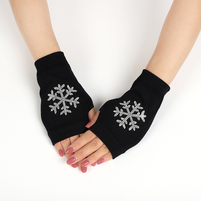 

Lovely Rose Printed Lady Rhinestone Fingerless Dance Show Gloves Women Men Knitted Black Wool Half Finger Computer Mittens Warm Glove