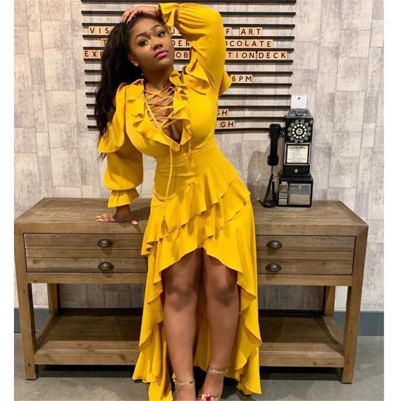 

Women Dresses Fall Spring 2021 Sexy V Neck Tie-up Boho Beach Solid Color Dress Ruffles Long Sleeve Asymmetry Sundress Robe1, As pic