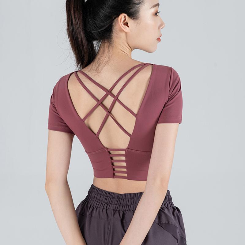 

Yoga Outfit Sport T-shirt Women Fitness Push-up Crop Top Short Sleeve Workout Spring Summer Elastic Versatile U-neck Running Gym Blouse