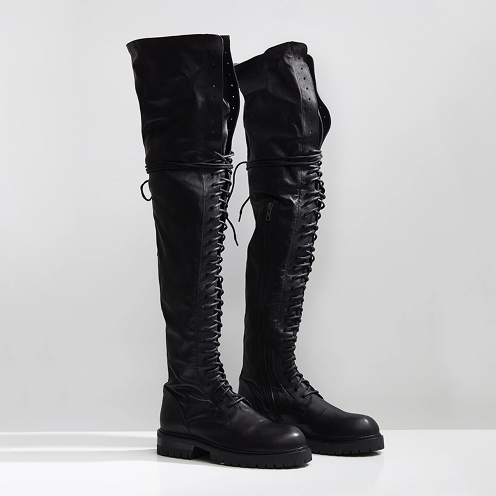 

boots woman's over-the-knee boots motorcycle new genuine leather basic zip lace-up punk cross-tied martin high wkda, Black