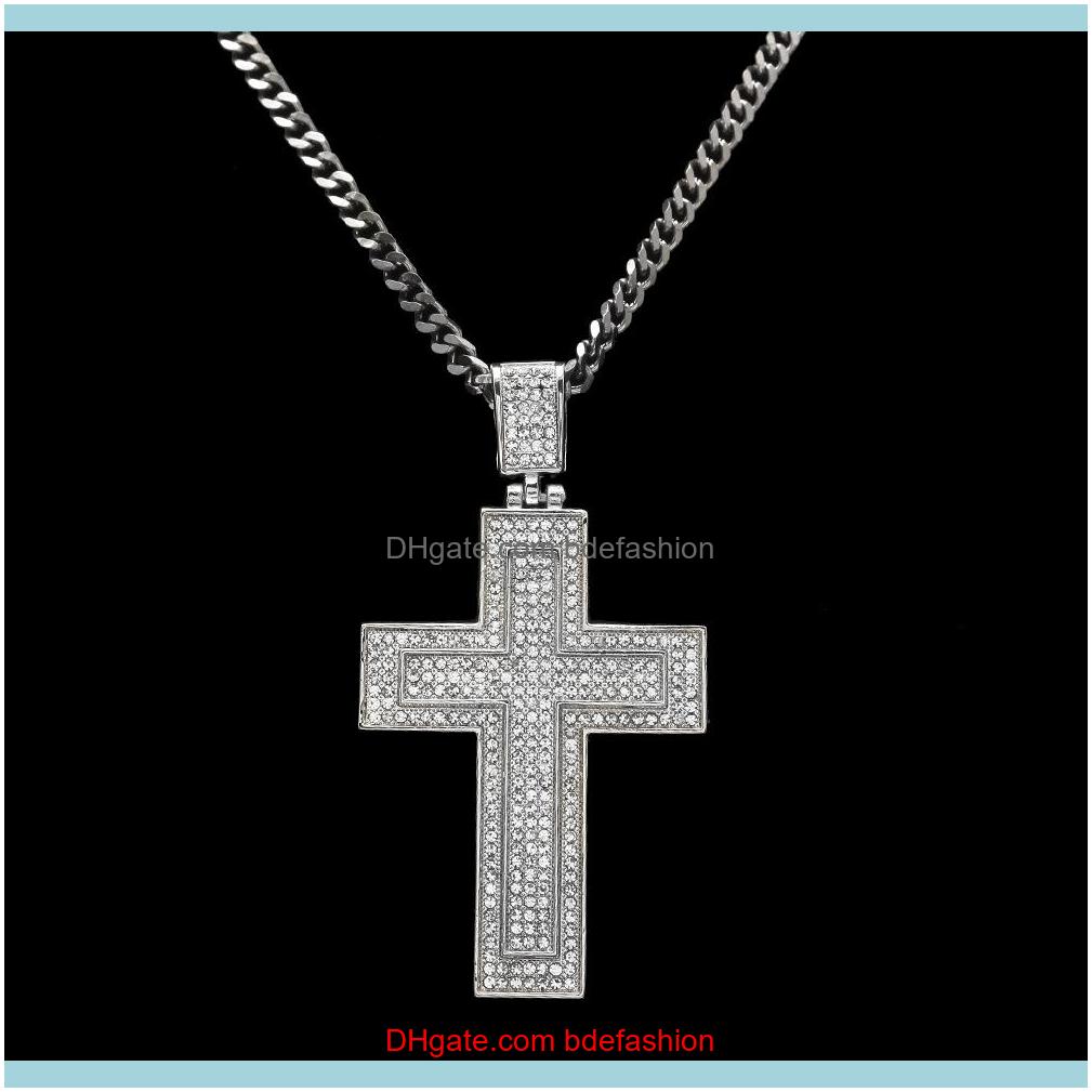 

Necklaces & Pendants Jewelrymen Catholic Sier Gold Plated Cross Pendant Necklace Fashion Rock Style Double Crucifix Clear Stone Christian Je