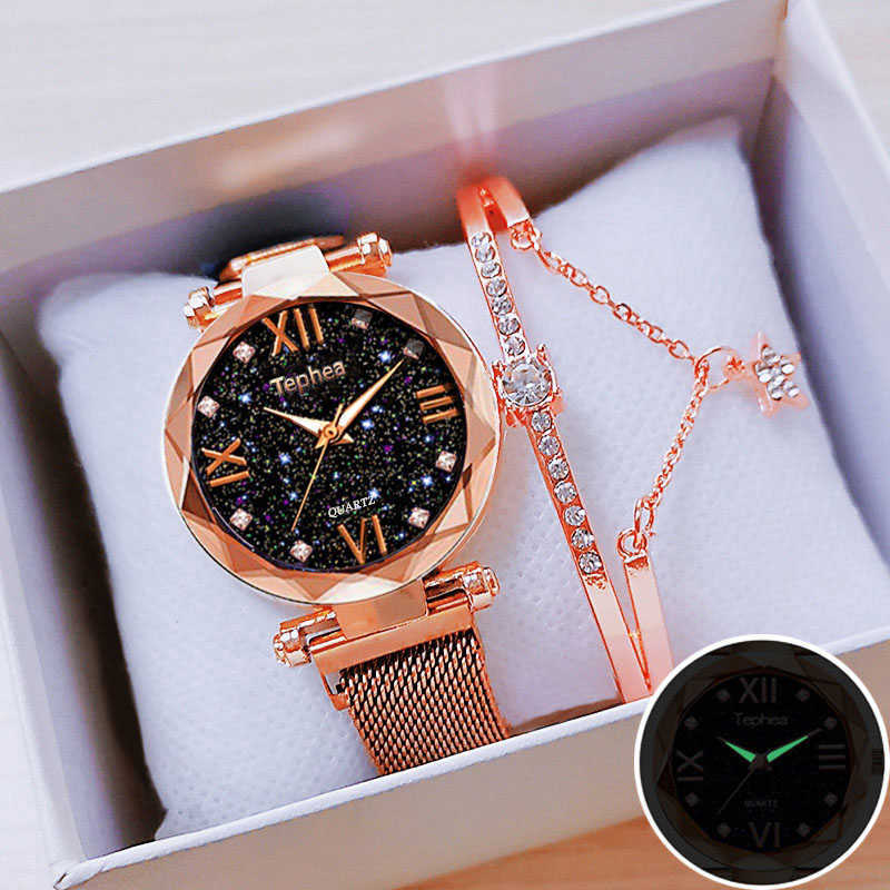 

Magnetic Women Watch Set Starry Sky Ladies Wrist es With Bracelet Box Relogio Feminino Reloj Mujer Rose Gold 210616, Purple 2