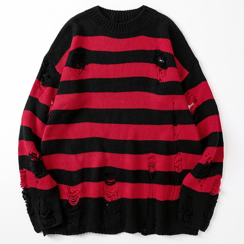 

Women' Sweaters Striped Women Punk Unisex Sweater Autumn Hollow Out Hole Broken Jumper Loose Oversized Pullouvers Harajuku Streetwear, Pink