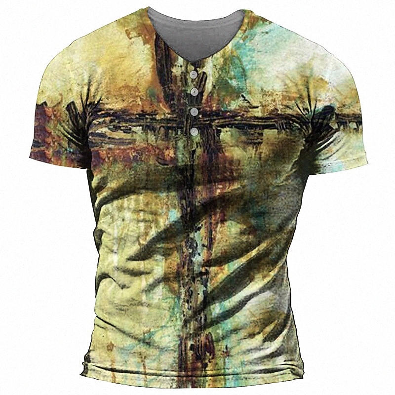 Men's Henley Shirt T shirt 3D Print Graphic Prints Oil Painting Cross Henley Casual Daily Button-Down Print Short Sleeve Tops Basic Fashion