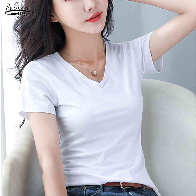 

Casual V Neck Summer Female Clothing Fashion Solid Color Women T-shirts Cotton Plus Size Ladies T-shirts Blusas Mujer 13462 210518, Caramel