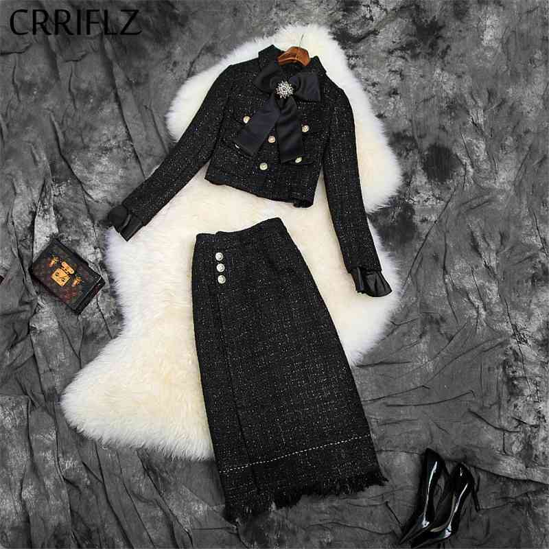 

Winter Women Set Full Sleeve Turn-down Collar Short Jacket Tweed Tassels Hip Skirt 2 Piece Elegant Patry Dress 210520, Black