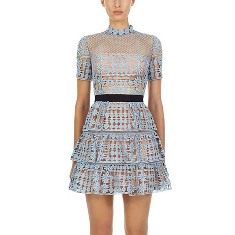 

Self Portrait Women Dress Cake Runway Summer Lace Patchwork Ruffles Party Vintage Hollow Out Mini Vestidos 210525, Picture color