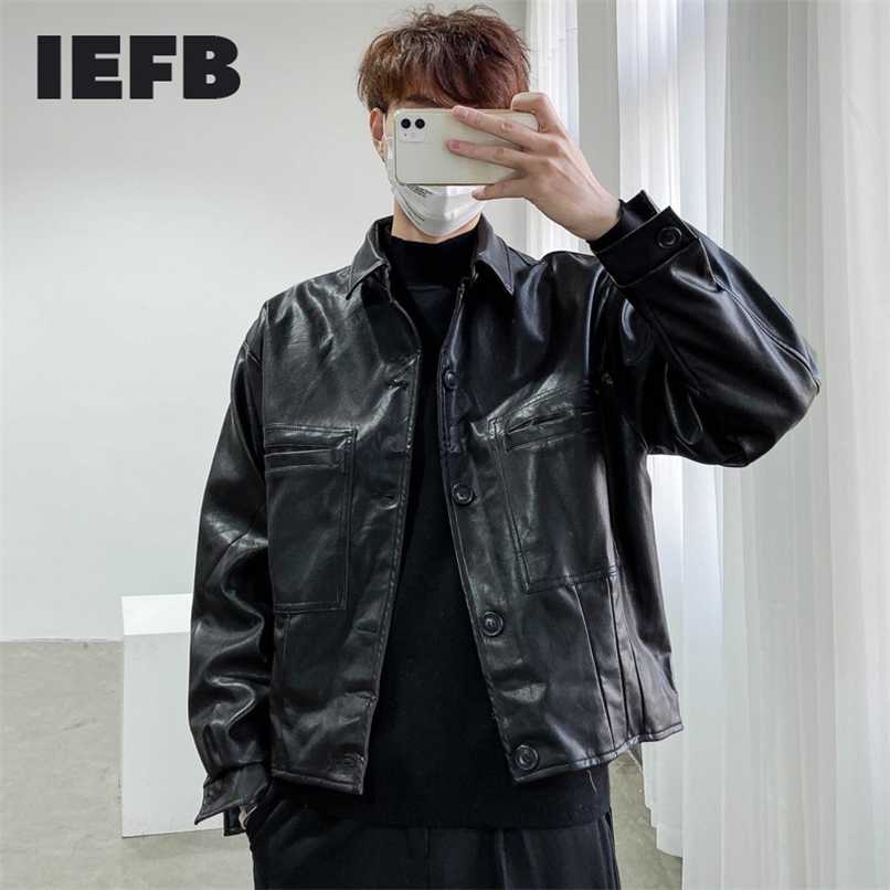 

IEFB /men's wear Vintage trendy Pu Leather jackets for male Autumn Loose Coat single breasted long sleeve coat 9Y1420 211111, Black