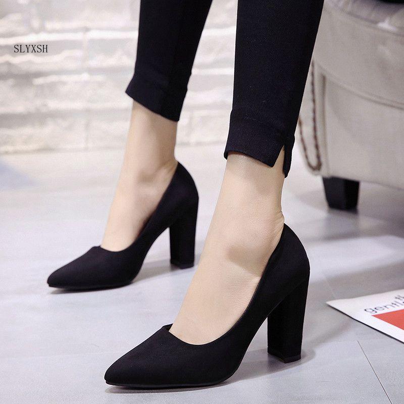 

Spring And Autumn High Heels Female Thick With Black Suede Work Shallow Mouth Pointed A Single Shoes Dress