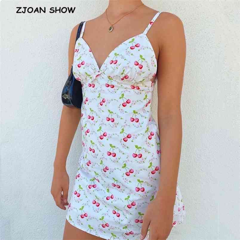 

Summer Sexy V neck Cherry Print Cross Bandage Lacing up Backless Sling Dress Woman Spaghetti Strap A line Short Base 210429, White