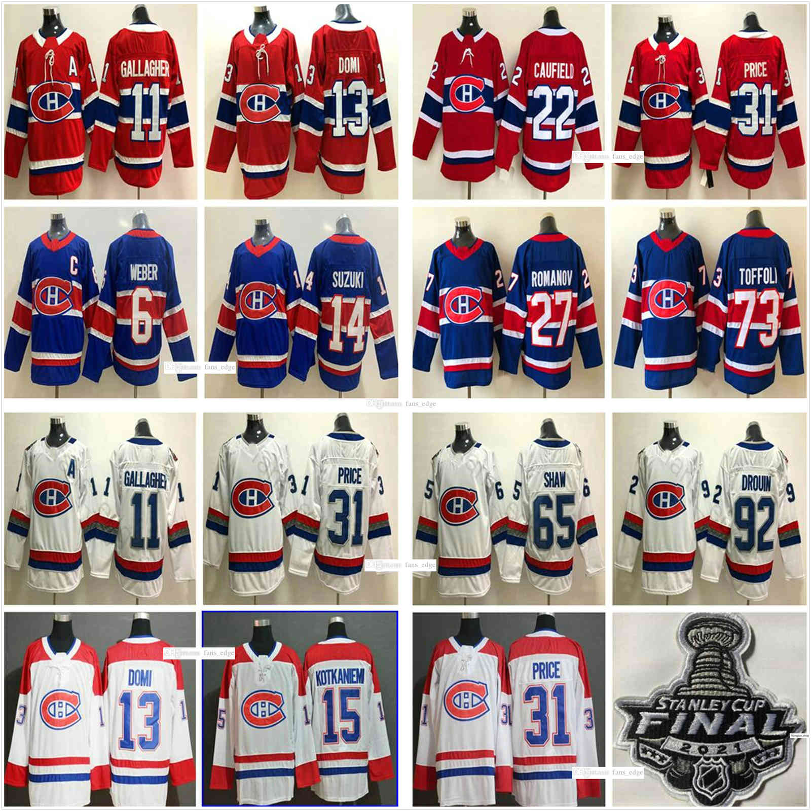 

Montreal Canadiens Stanley Cup Final Hockey Jerseys 2021 Reverse Retro 14 Nick Suzuki 22 Cole Caufield 31 Carey Price 6 Shea Weber 11, Black;red