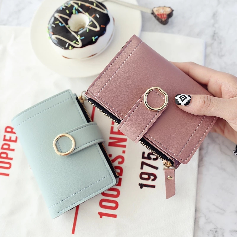 

Clutch Purses and Handbags Wallet Women Version Solid Color Short Buckle Ring Female Card Bag