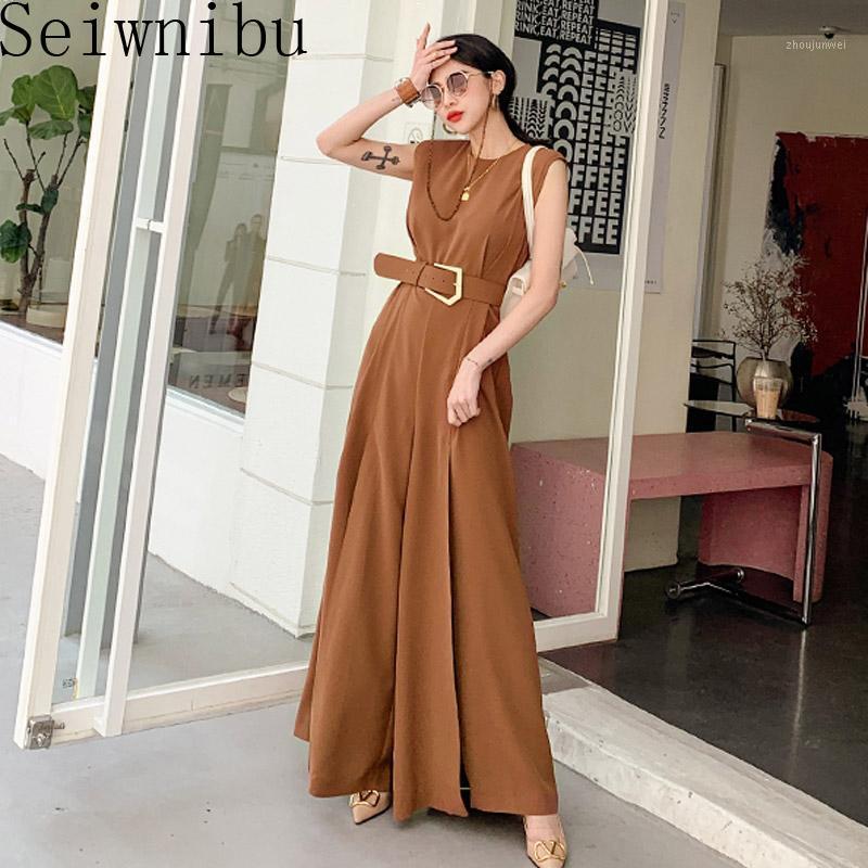

Women' Jumpsuits & Rompers 2021 Spring Runway Office Lady Sleeveless Sashes Fashion O-Neck High Waist Slim Split Female, Black