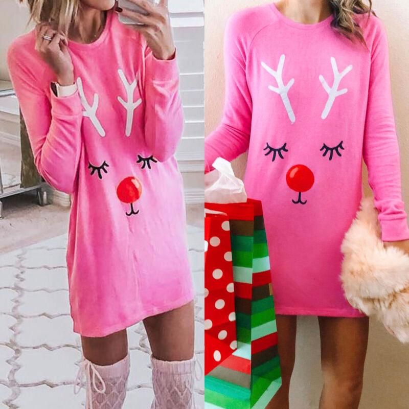 Femmes Noël Festive Chemise Robe Col Rond À Manches Longues Lâche Mini Robes Fille Automne Hiver Casual Vestidos