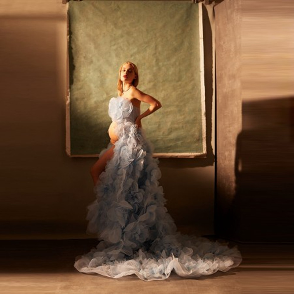 

2021 Floral Long Maternity Evening Dresses Strapless Open Front Sexy Empire Waistline With Train Organza Ruffles Pregnancy Photo Shoot Gowns, Champagne
