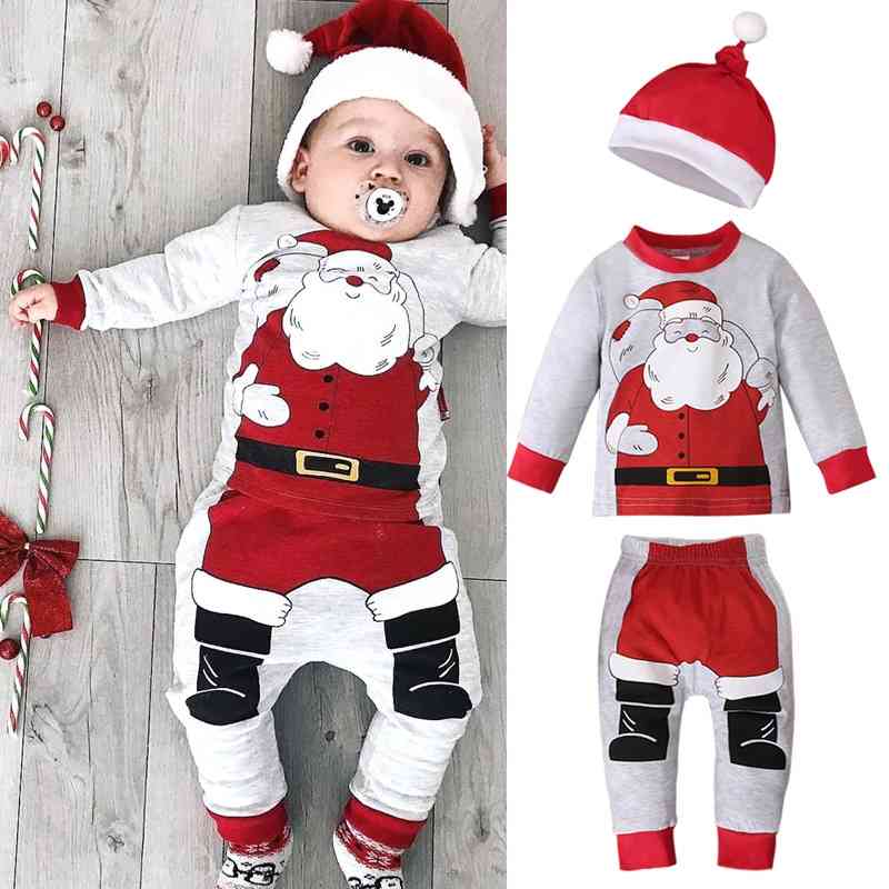 

Children Christmas Cosplay Clothing Boys And Girls Santa Claus Long-Sleeved Top + Trousers Hat Three Pieces Suit, Gray