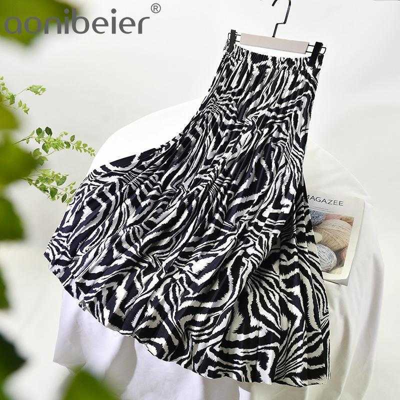 

Autumn Winter Fashion Black White Print Women Pleated Skirt Elastic High Waist Swing Skirts Casual Ladies Midi 210604, 01