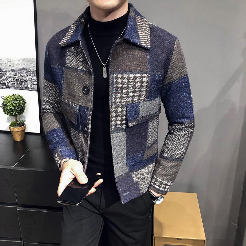 

Men's Wool & Blends Men Woolen Coat Autumn Stylish Thick Warm Suit Jacket With Plaid Stitching Mens Tweed Prom Blazers For, Brown