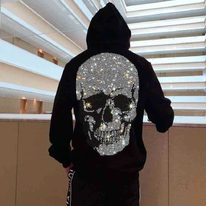 

Tracksuits Brand Warm Thick Sweatshirt Hip-Hop Loose Characteristic Personality Skull Pullover Rhinestone Luxury Men's Hoodie, Black